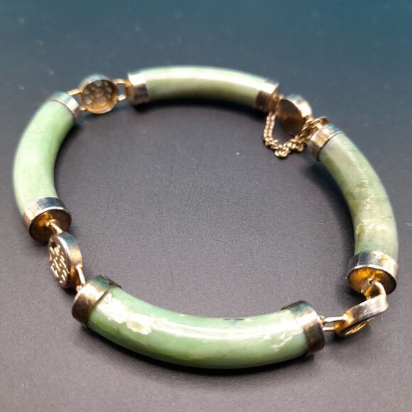 Vintage Asian Green Jade Gold Tone 7" Link Bracelet Safety Chain Push Lock Clasp - Picture 10 of 10